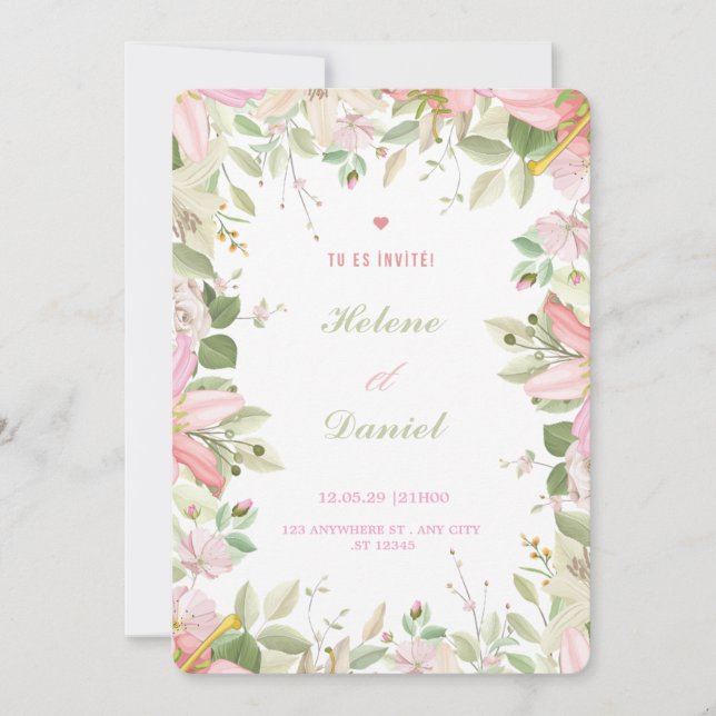 Convite Elegant Pink & White Floral French Invitation Card (Frente)
