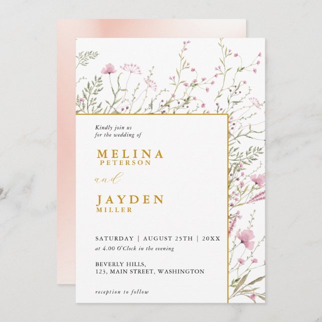 Convite Elegant Pink Wild Floral Wedding  (Frente/Verso)