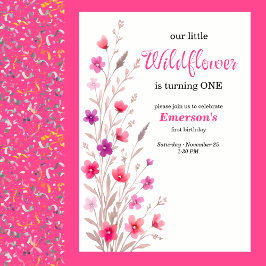 Convite Elegant Pink Wildflower 1st Birthday Party