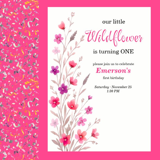 Convite Elegant Pink Wildflower 1st Birthday Party (Criador carregado)