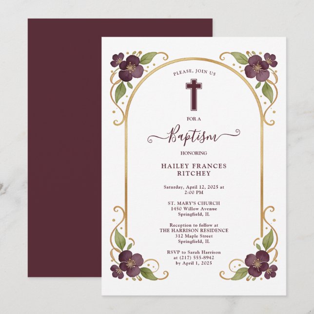 Convite Elegant Plum Floral Gold Arch Baptism Celebration  (Frente/Verso)