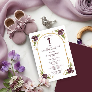 Convite Elegant Plum Floral Gold Arch Baptism Celebration