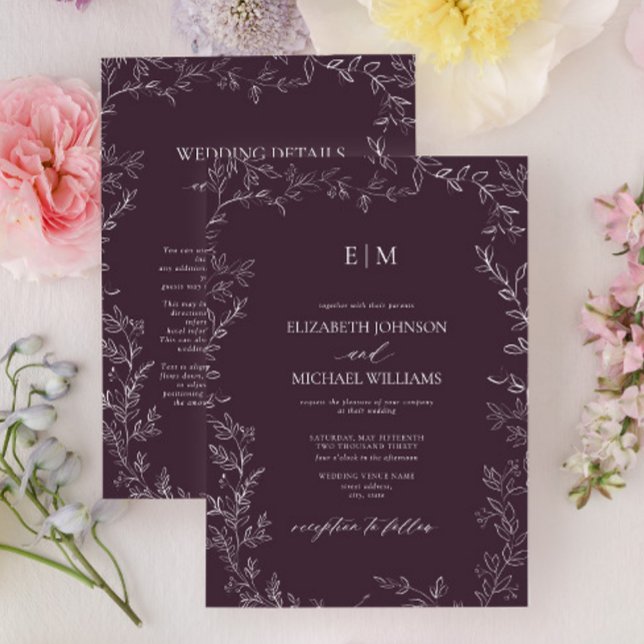 Convite Elegant Plum Purple Leaf Monogram Details Wedding (Criador carregado)