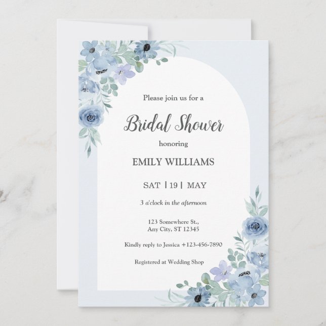 Convite Elegant Powder Blue Flowers Bridal Shower (Frente)