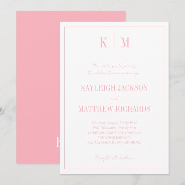 Convite Elegant Powder Pink Monogram Wedding  (Frente/Verso)