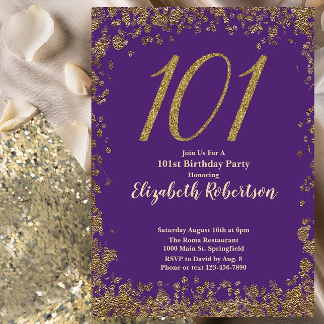 Convite Elegant Purple and Gold 101st Birthday (Criador carregado)