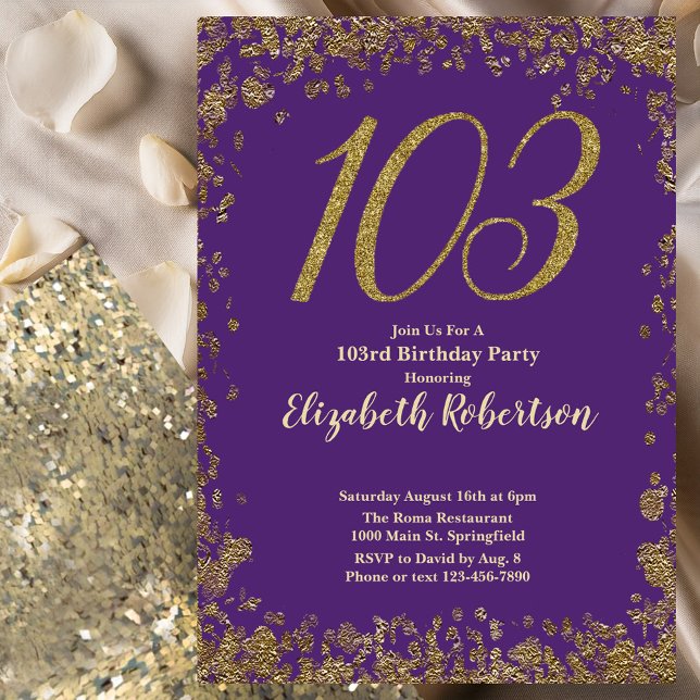 Convite Elegant Purple and Gold 103rd Birthday (Criador carregado)