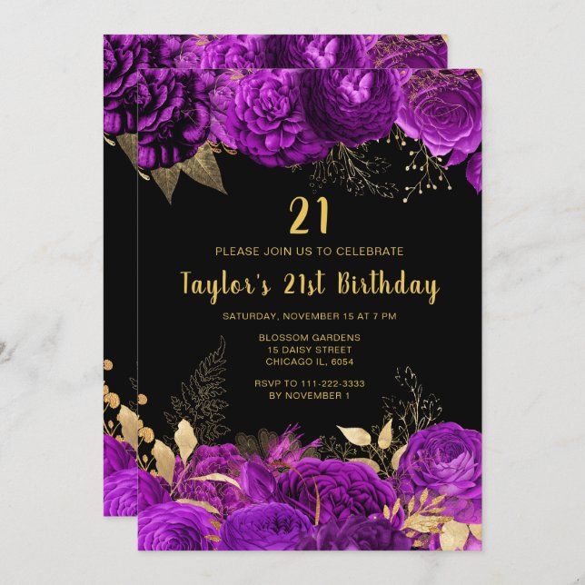 Convite Elegant Purple and Gold Flowers Birthday Party (Frente/Verso)