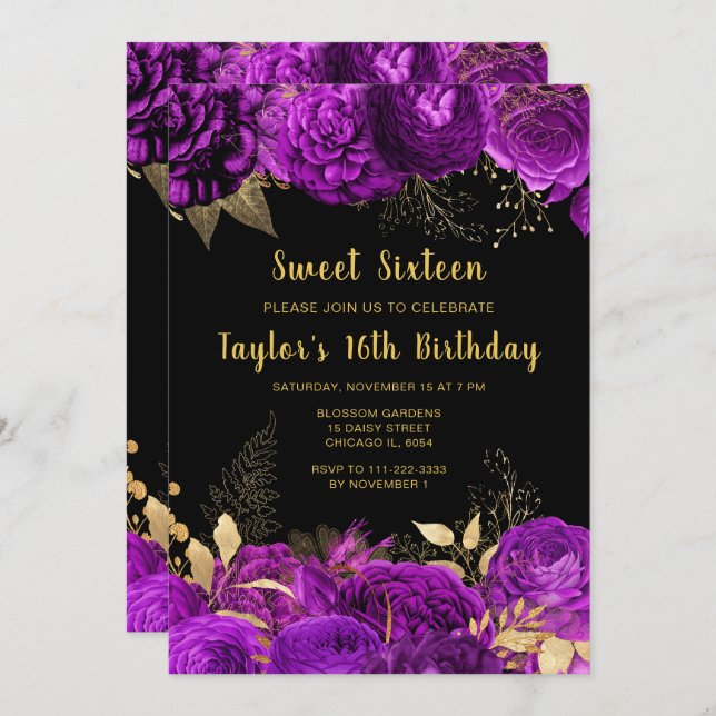 Convite Elegant Purple and Gold Flowers Sweet Sixteen (Frente/Verso)