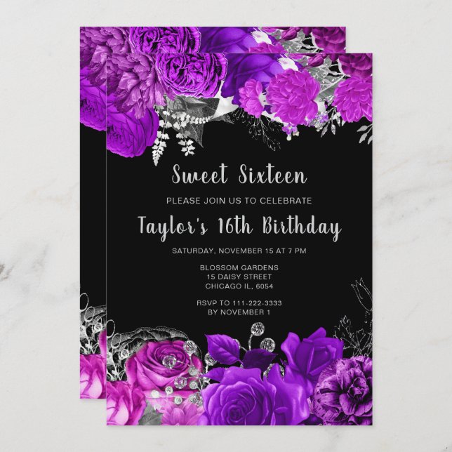 Convite Elegant Purple and Silver Flowers Sweet Sixteen (Frente/Verso)