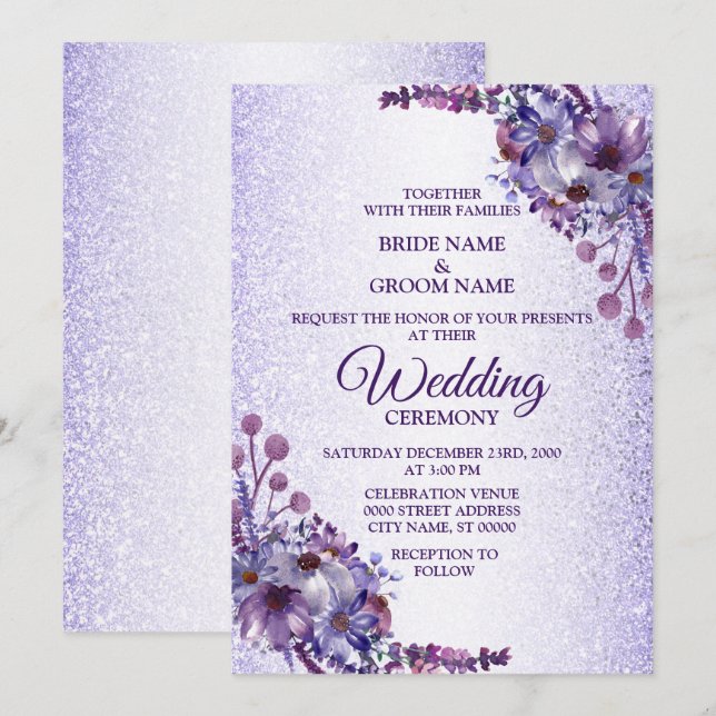 Convite Elegant Purple Blue Pink Floral Glitter Wedding (Frente/Verso)