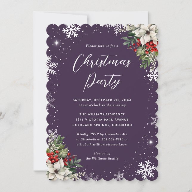 Convite Elegant Purple Botanical Snowflake Christmas Party (Frente)