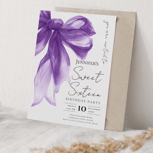 Convite Elegant Purple Bow Coquette Script Sweet 16 Party  (Elegant Purple Bow Coquette Script Sweet 16 Party Invitation)
