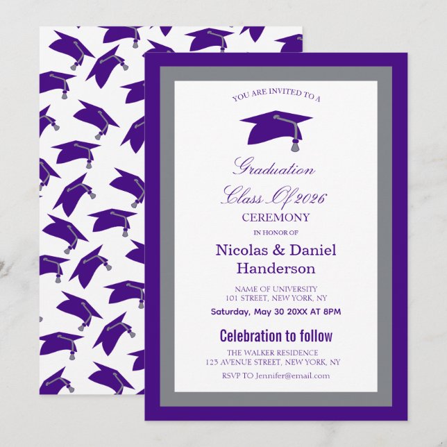 Convite Elegant purple caps graduation ceremony invitation (Frente/Verso)