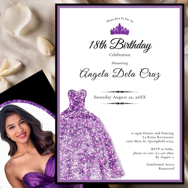 Convite Elegant purple dress 18th birthday debut (Criador carregado)