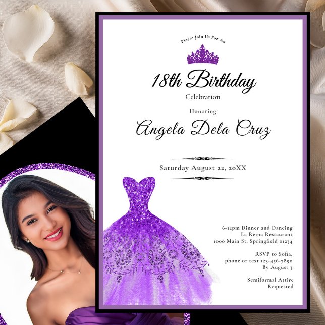 Convite Elegant purple dress 18th birthday debut (Criador carregado)