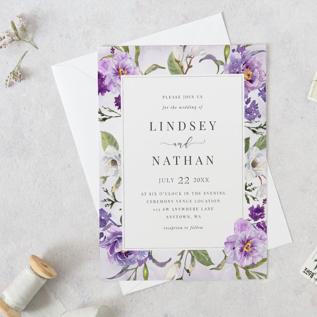 Convite Elegant Purple Floral Botanical Wedding (Criador carregado)