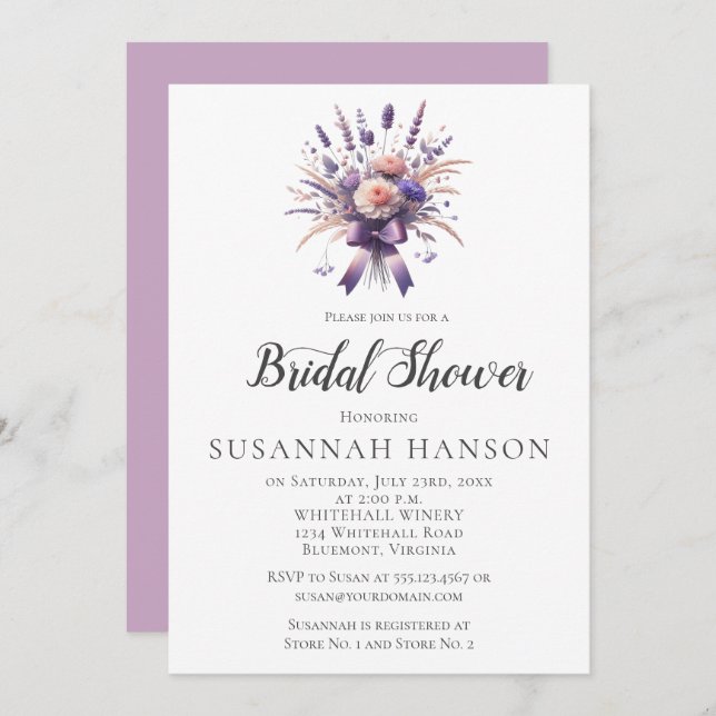 Convite Elegant Purple Floral Bouquet Bridal Shower | (Frente/Verso)
