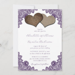 Convite Elegant Purple Floral Lace Burlap Hearts Wedding
