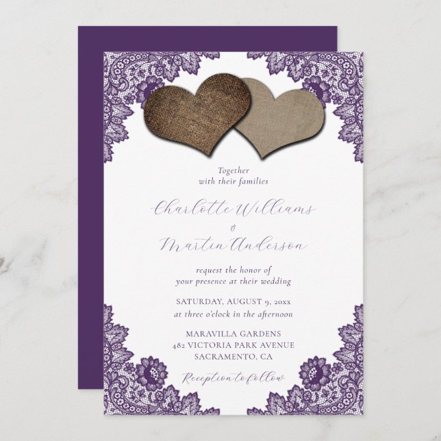 Convite Elegant Purple Floral Lace Burlap Hearts Wedding (Frente/Verso)