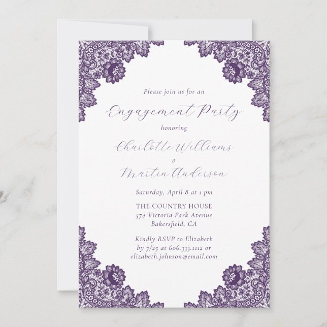 Convite Elegant Purple Floral Lace Rustic Engagement Party (Frente)