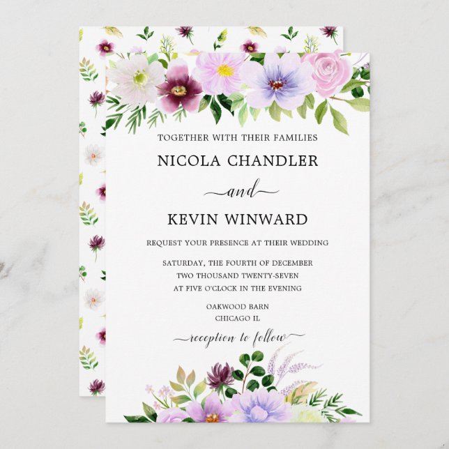 Convite Elegant Purple Floral Wedding (Frente/Verso)