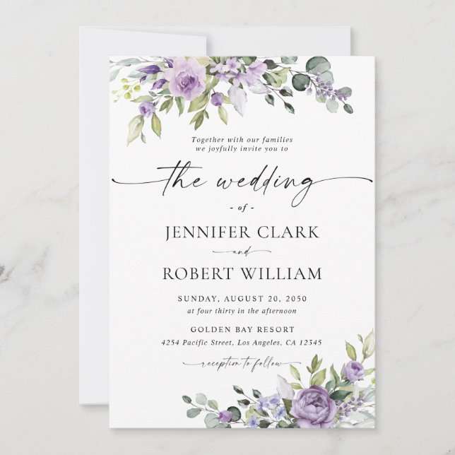 Convite Elegant Purple Floral Wedding Invitation (Frente)