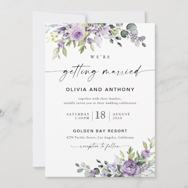 Convite Elegant Purple Floral Wedding Invitation (Frente)