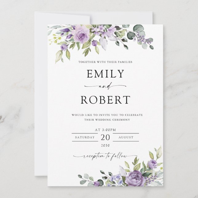 Convite Elegant Purple Floral Wedding Invitation (Frente)