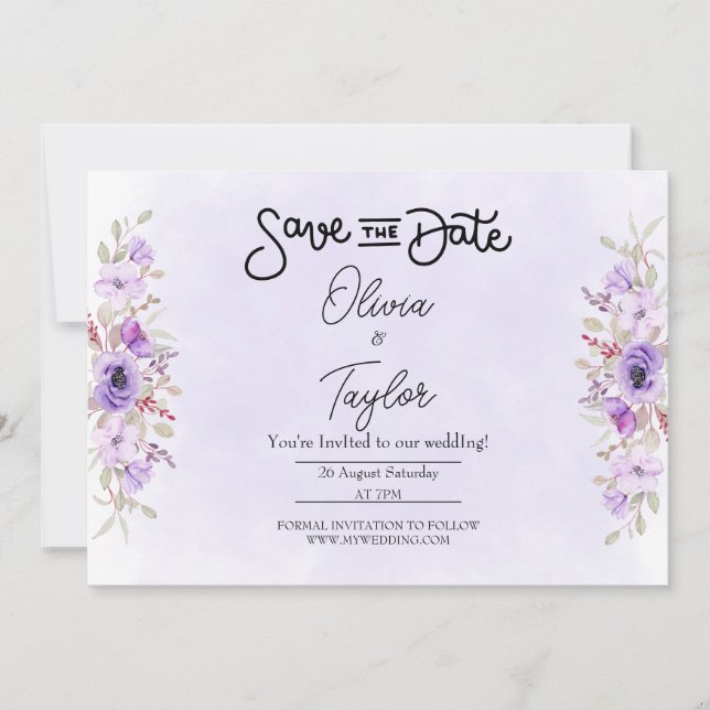 Convite Elegant Purple Floral Wedding Save the Date (Frente)