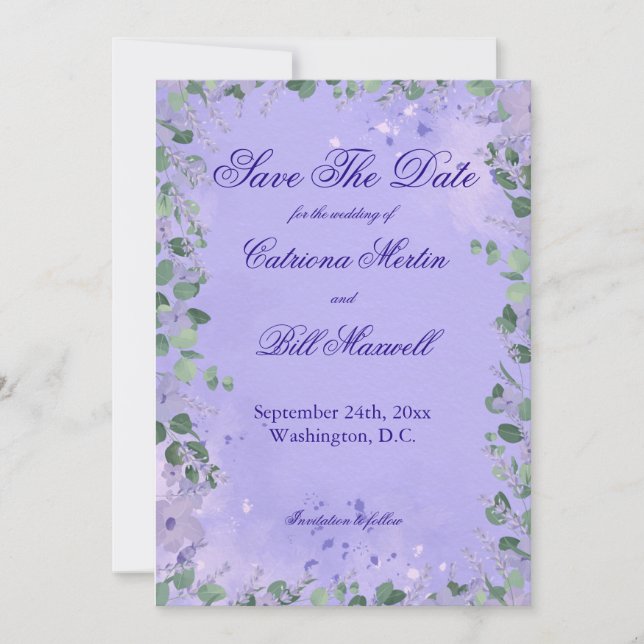 Convite Elegant Purple Florals Wedding Save The Date Card (Frente)