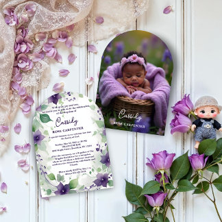 Convite Elegant Purple Garland Floral Photo Baptism Baby