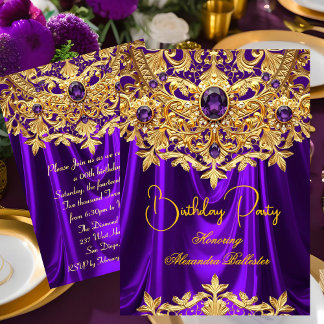 Convite Elegant Purple gems Gold Lace Damask Birthday