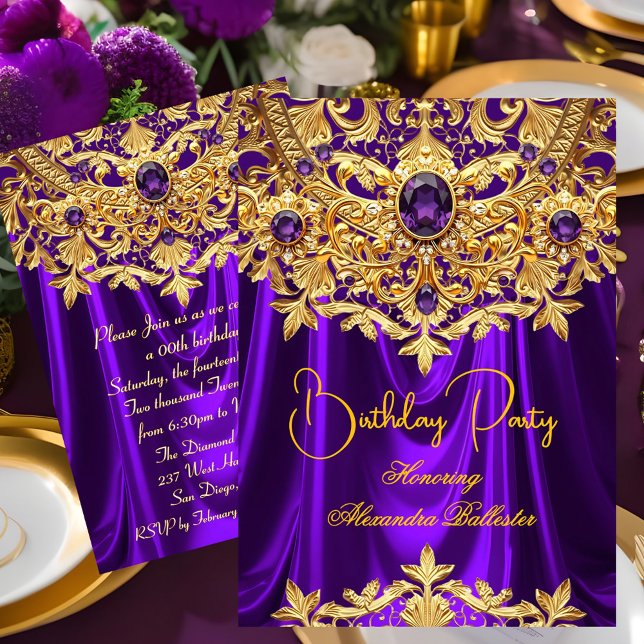 Convite Elegant Purple gems Gold Lace Damask Birthday (Criador carregado)