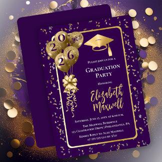 Convite Elegant Purple Gold Balloons Graduation Party