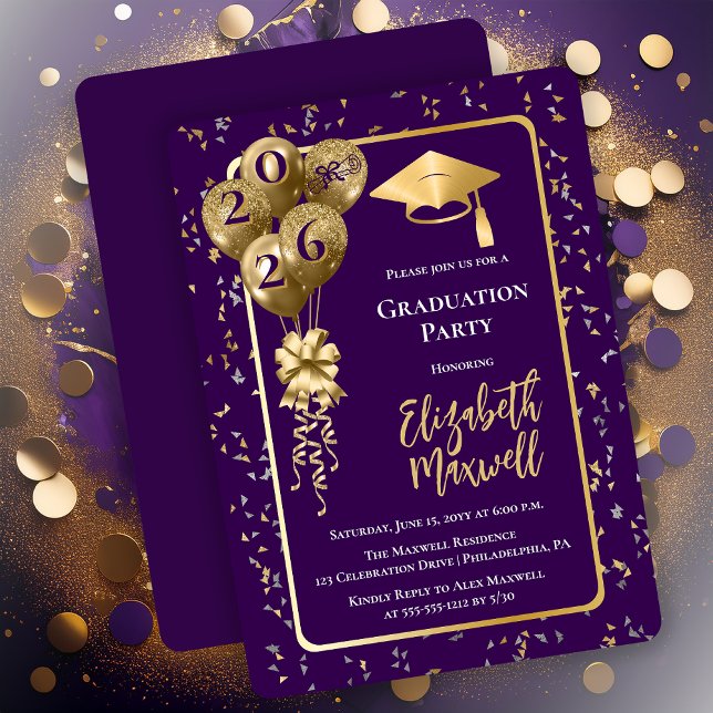 Convite Elegant Purple Gold Balloons Graduation Party (Elegant Purple and Gold Tone Graduation Party Invitation Balloons and Confetti - Print | Digital)