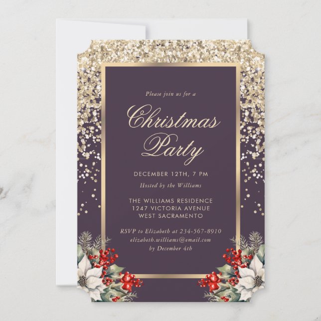 Convite Elegant Purple Gold Botanical Christmas Party (Frente)
