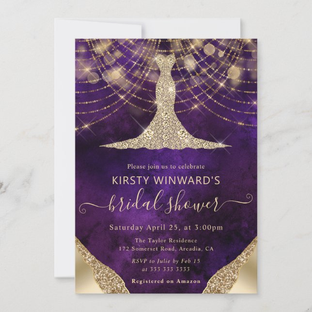 Convite Elegant Purple Gold Gown Bridal Shower (Frente)