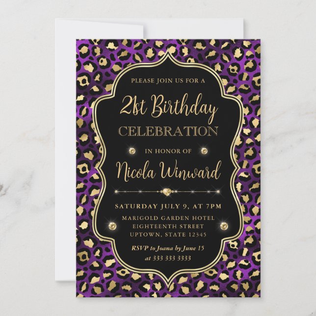 Convite Elegant Purple Gold Leopard Print Birthday (Frente)