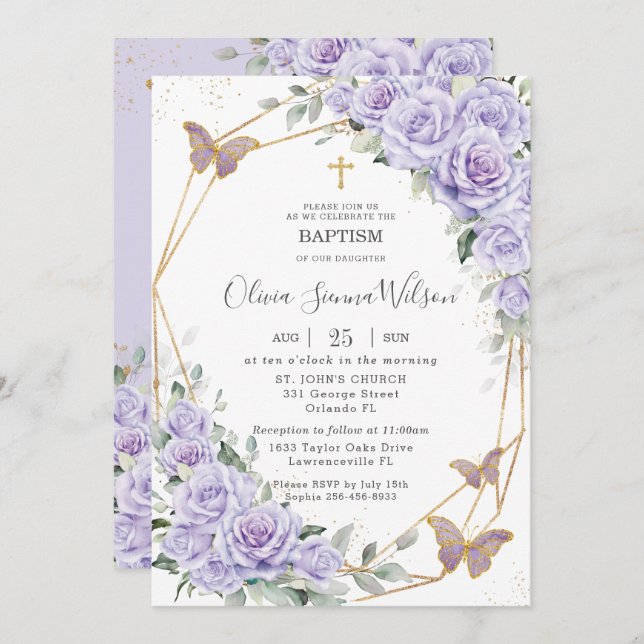 Convite Elegant Purple Lavender Floral Baptism Christening (Frente/Verso)