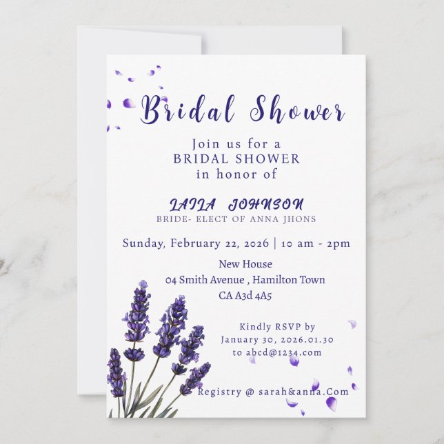 Convite Elegant Purple Lavender Floral Bridal Shower (Frente)
