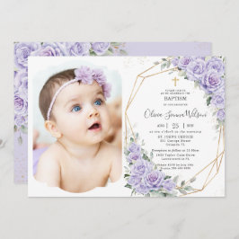 Convite Elegant Purple Lavender Roses Floral Baptism Photo