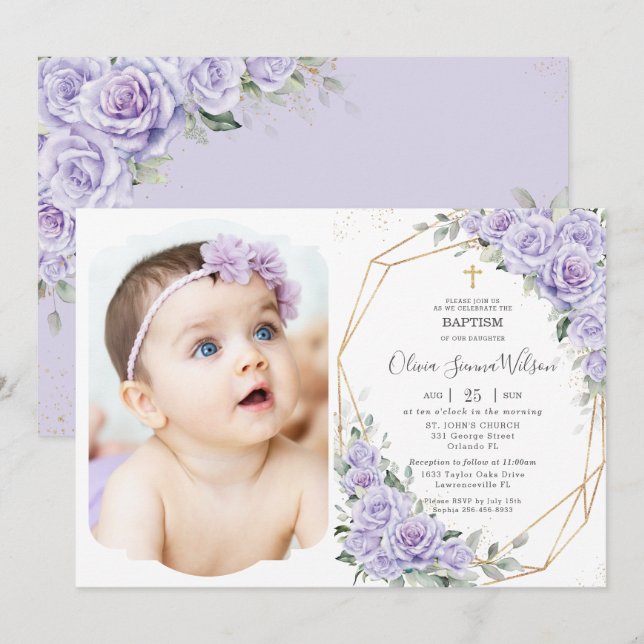 Convite Elegant Purple Lavender Roses Floral Baptism Photo (Frente/Verso)