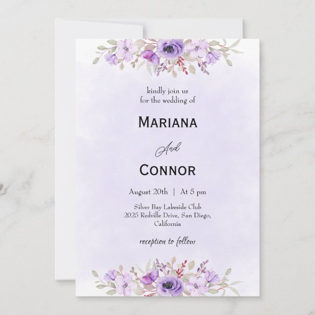 Convite Elegant Purple Minimalist Floral Wedding  (Frente)