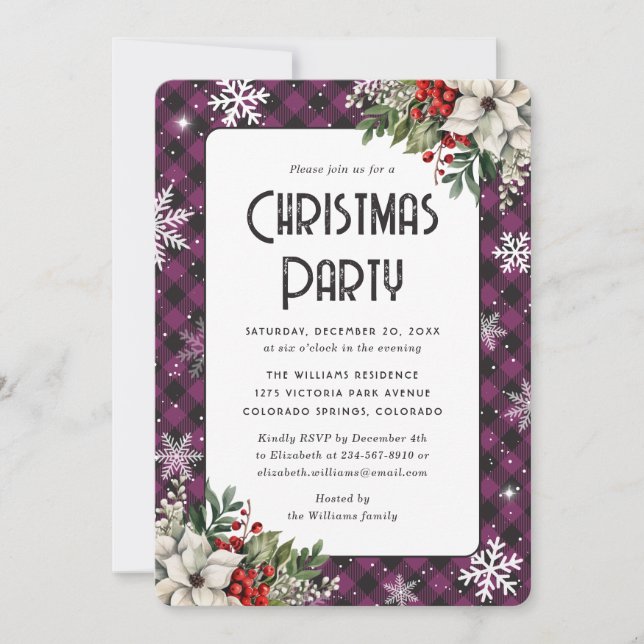 Convite Elegant Purple Plaid Botanical Christmas Party (Frente)