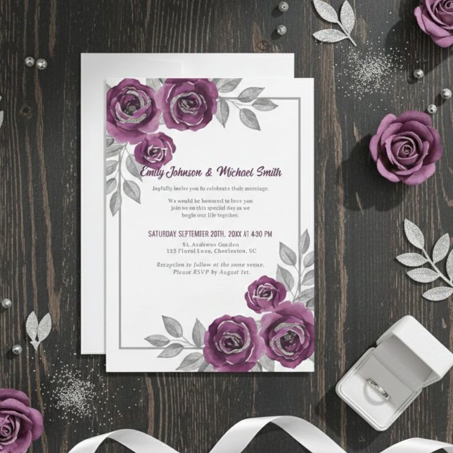 Convite Elegant Purple Roses and Silver Glitter Wedding  (Criador carregado)