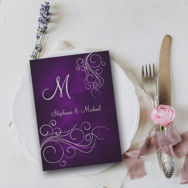 Convite Elegant Purple Silver Monogram Wedding Invitation (Criador carregado)