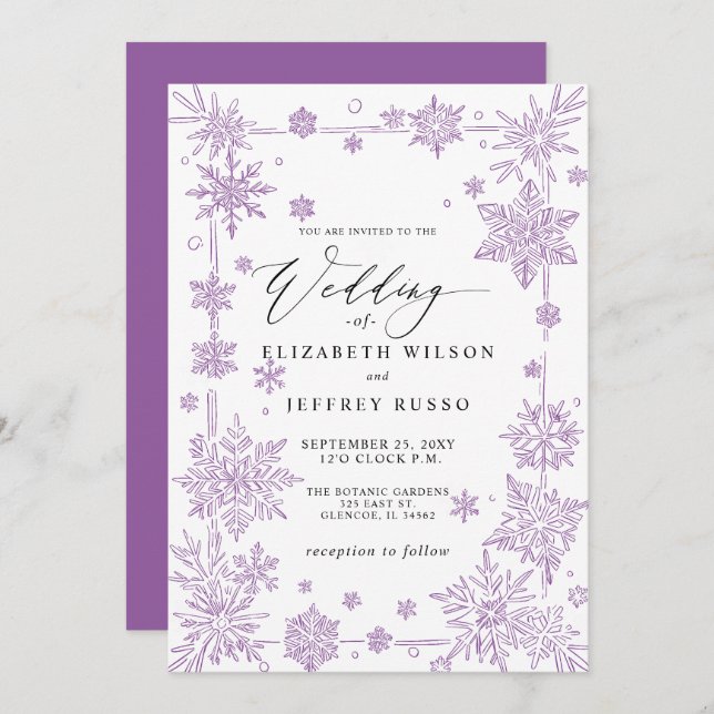 Convite Elegant Purple snowflakes Winter Wedding (Frente/Verso)