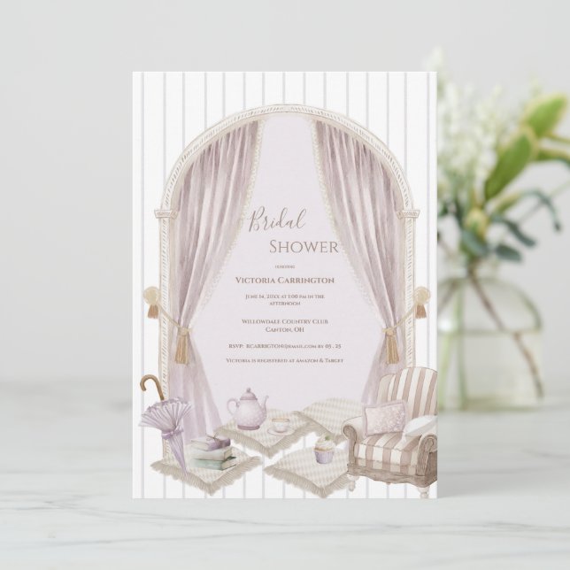 Convite Elegant Purple Stripe Bridal Shower   (Em pé/Frente)