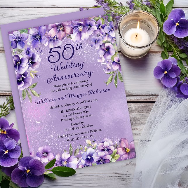 Convite Elegant Purple Violets 50th Wedding Anniversary  (Elegant Purple Violets 50th Wedding Anniversary Invitation -- Print | Digital Download)